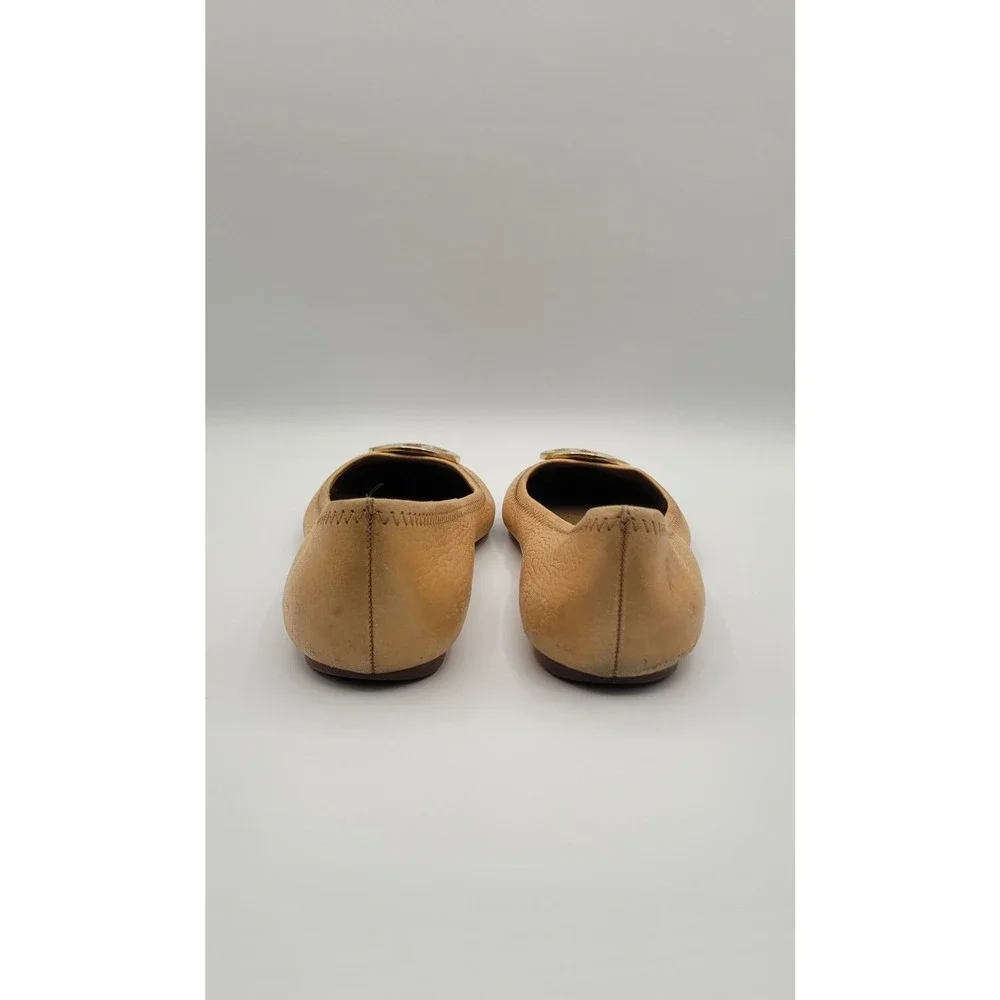 Tory Burch Reva Women's Ballet Flats 8M Tan Pebbled Leather Gold Logo